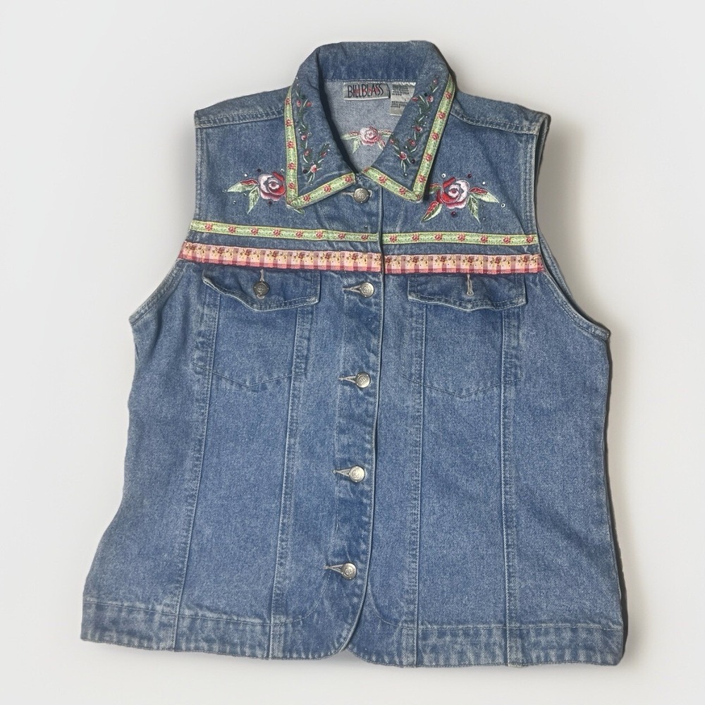 Vintage Y2K Women's Denim Vest Floral Embroidered Rhinestone Sz L  Bill Blass